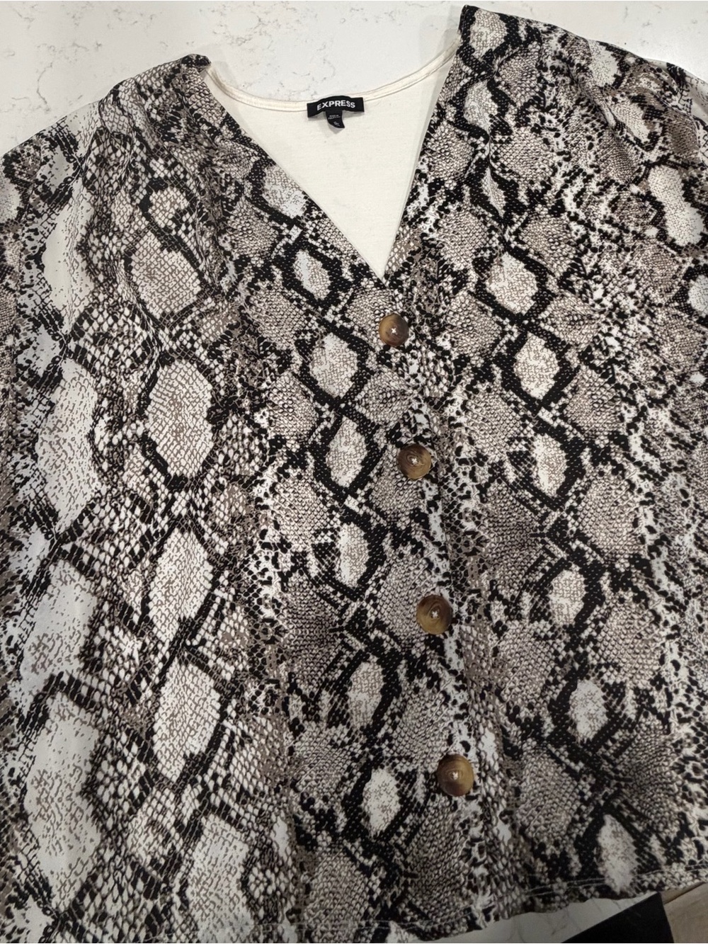 Express Snake Print Button-Front Top in Black and Cream